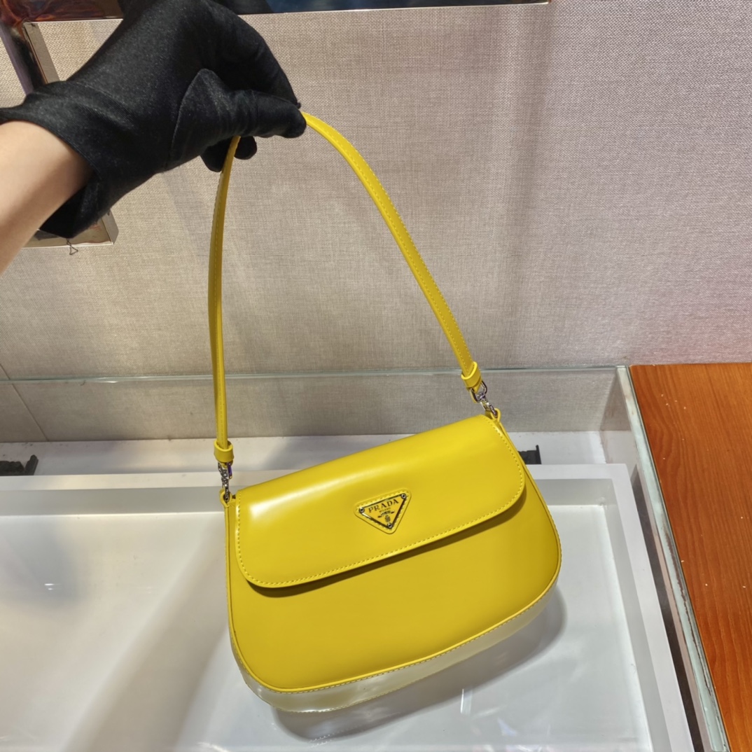 Prada Cleo Brushed Leather Shoulder Bag With Flap Yellow 1BD311